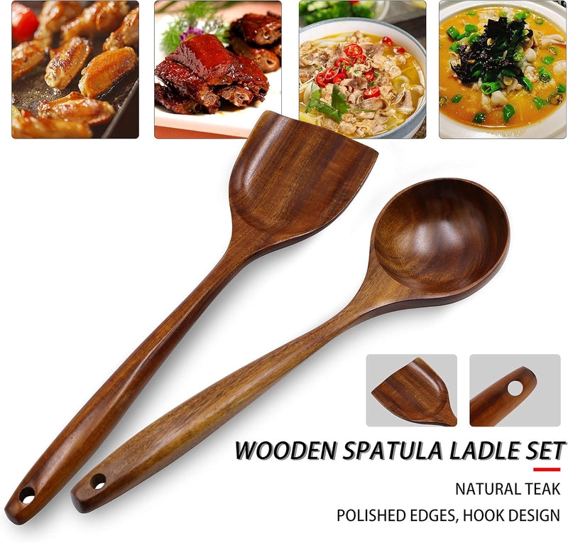 FJNATINH Espátula wok grande de madeira, 33 cm de teca natural, cabo longo, revestido, resina natural, feita à mão para panelas antiaderentes