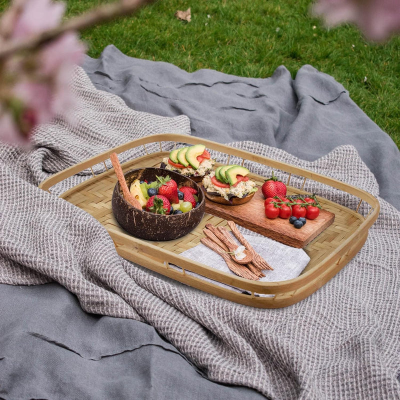 Conjunto com 2 Bandejas de Bambu com Alças – Retangulares para Café, Lanches e Decoração