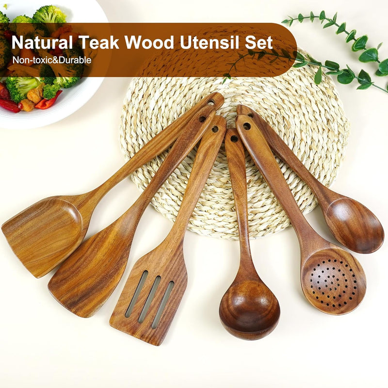 FJNATINH Espátula wok grande de madeira, 33 cm de teca natural, cabo longo, revestido, resina natural, feita à mão para panelas antiaderentes