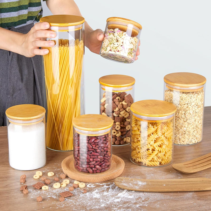 Vtopmart Frascos de vidro para armazenamento de alimentos, pacote com 7 recipientes de cozinha com tampas herméticas de madeira de bambu para massas, biscoitos, nozes, grãos de café, cereais, conjunto